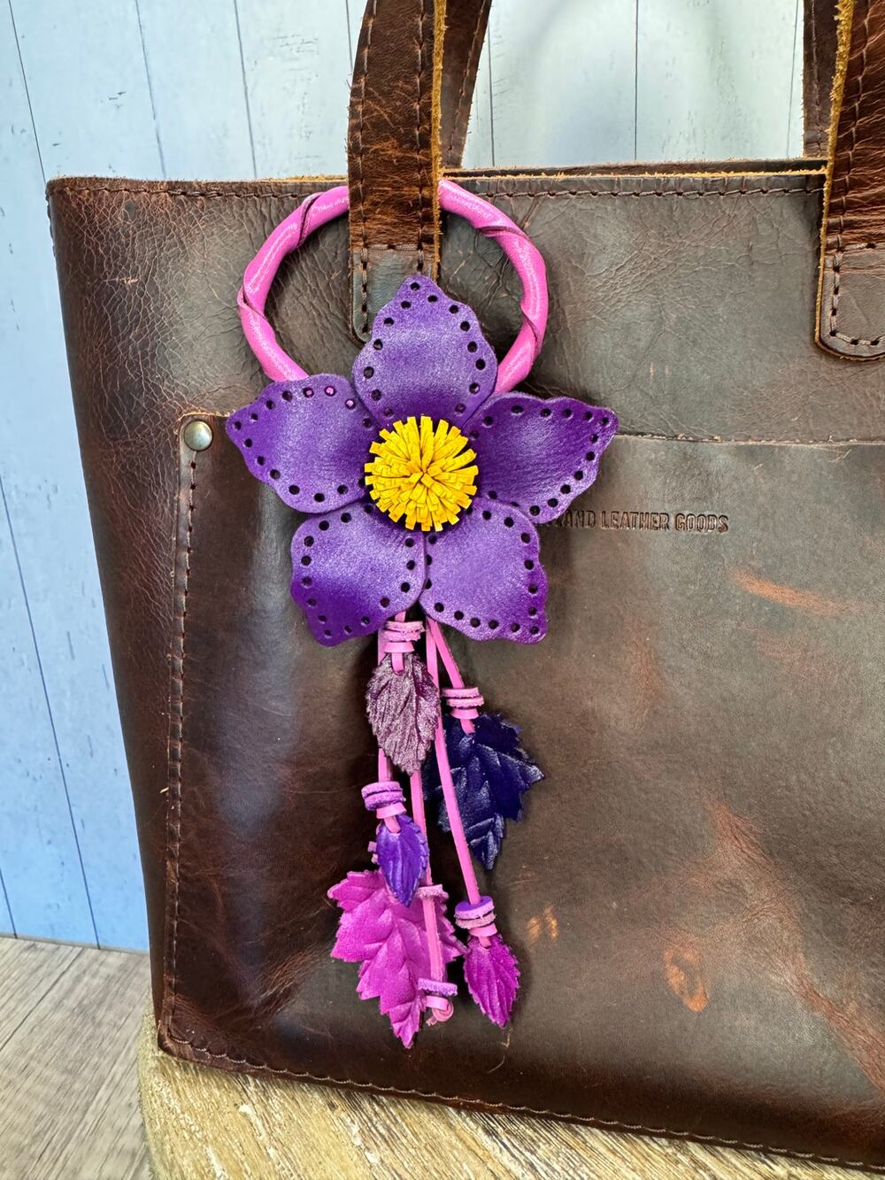 Purple Leather Purse Charm Genuine Leather Purple Flower Bag Charm Flowers